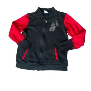 Disney Gender Neutral Black Jacket with Red Sleeves and Castle Detail Large